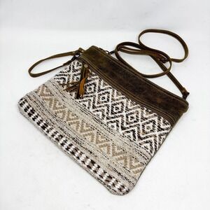 Myra Bag Geometric Woven Canvas Leather Crossbody Bag Brown Tan Olive Boho